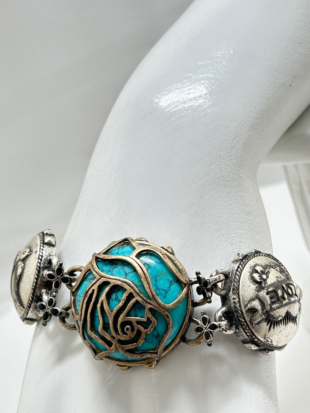 Vintage Lucky Brand, Silver And Turquoise Bracelet, Love, Rose, Dove